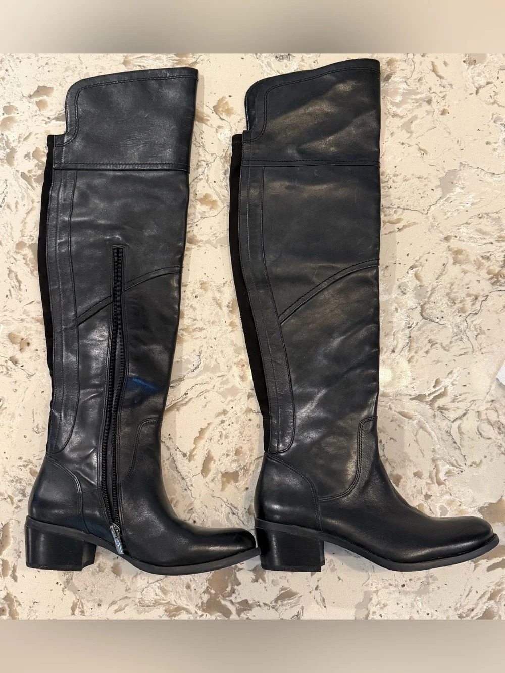 Vince Camuto Women’s 6 Black Leather Knee High Boots Block Heel Side Zip
